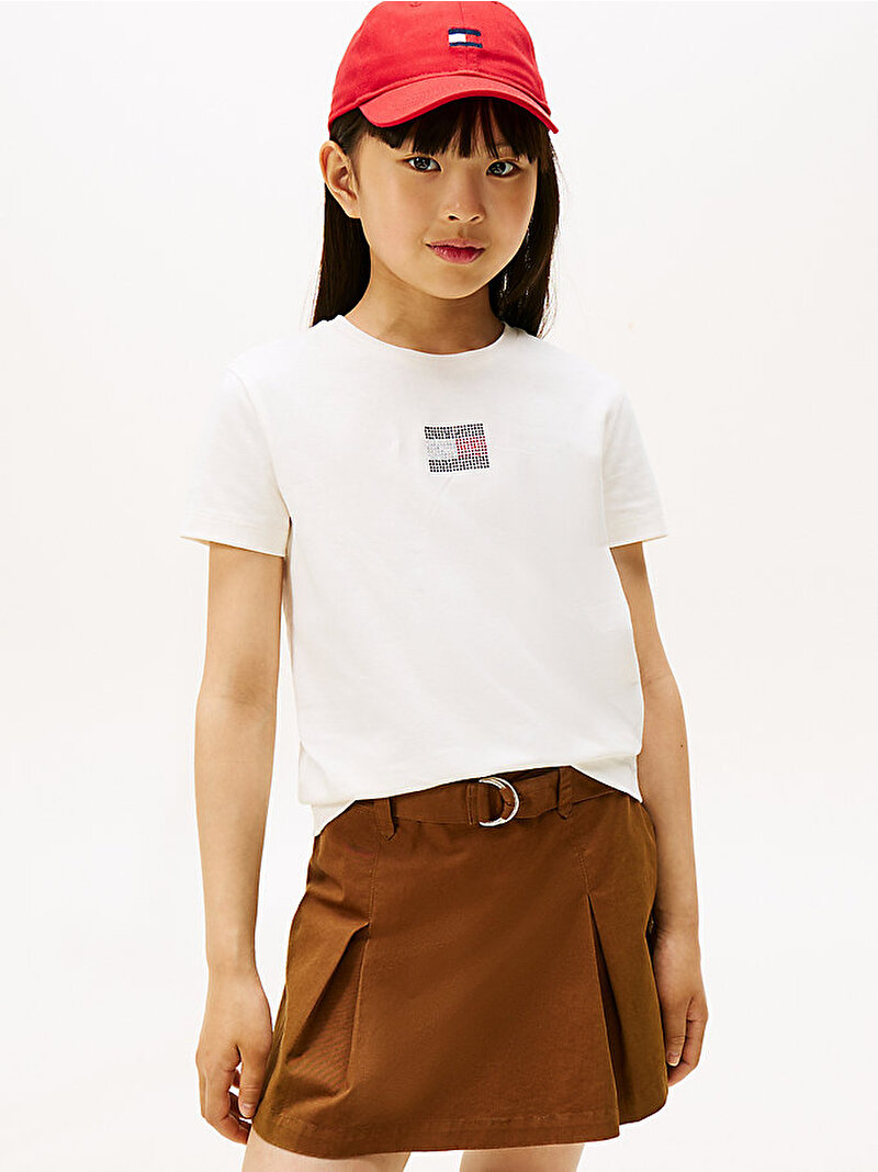 Kız Çocuk Rhine Stone Flag T-shirt Beyaz  KG0KG09012YA8