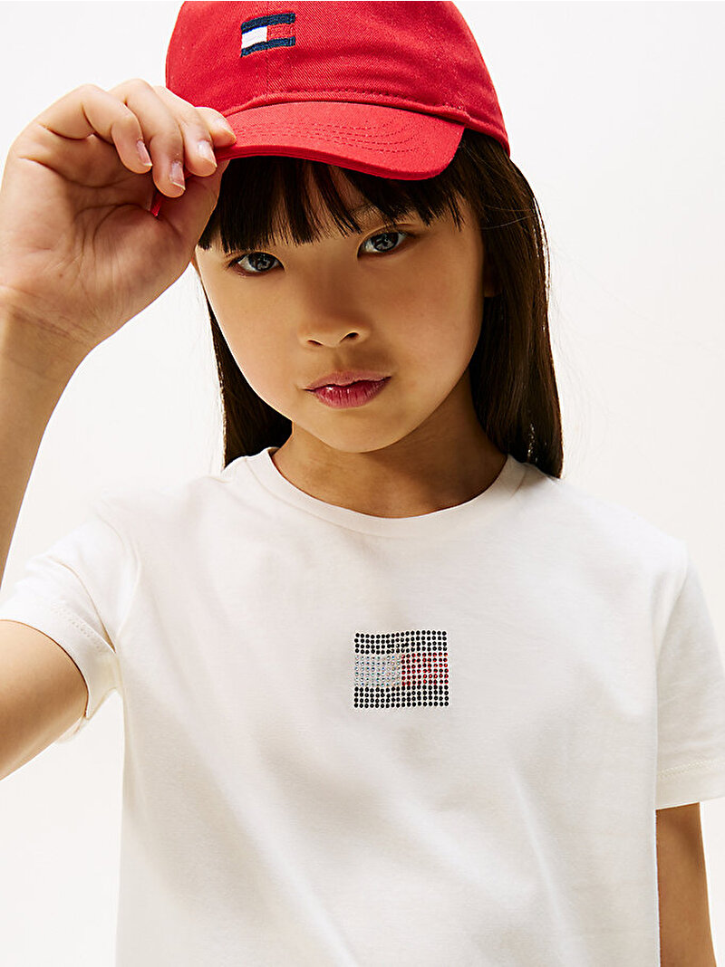 Kız Çocuk Rhine Stone Flag T-shirt Beyaz  KG0KG09012YA8