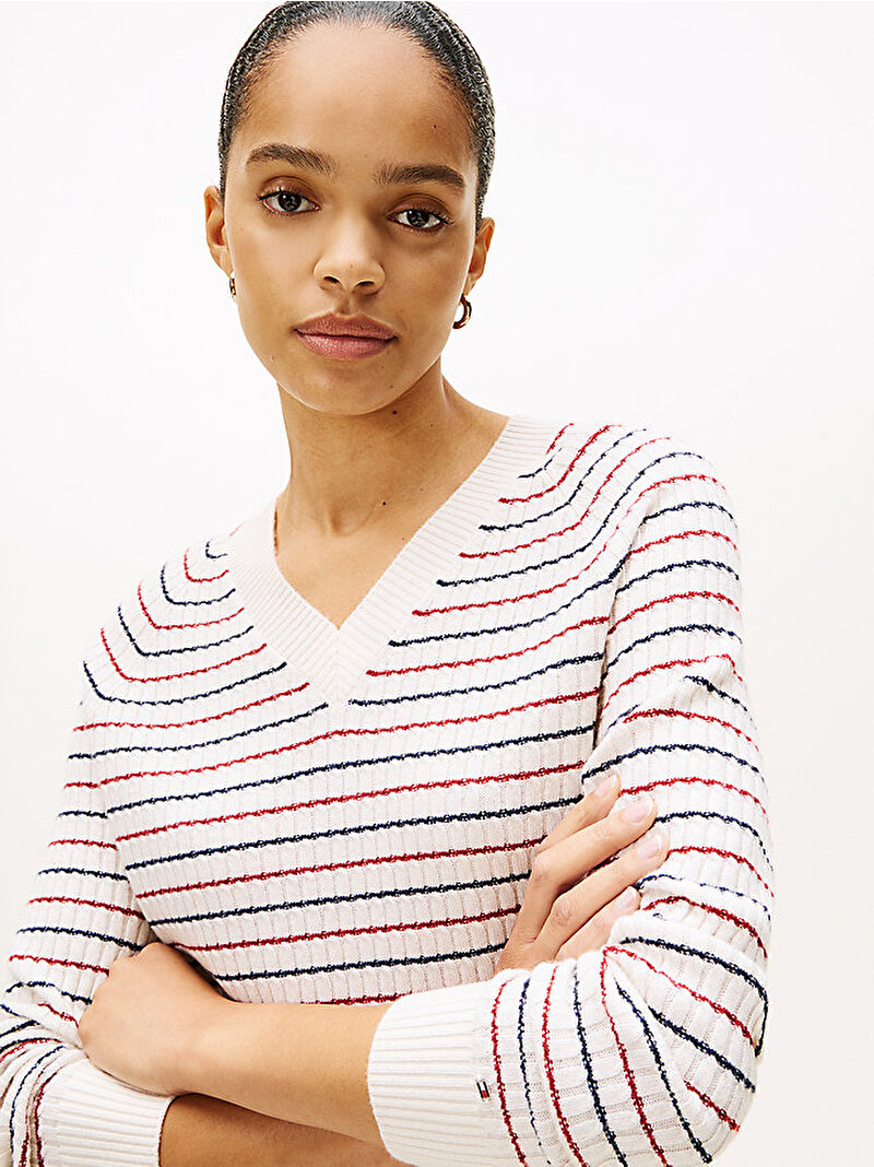 Kadın Wool Cash Cable V-neck Kazak Çok renkli WW0WW464170FH