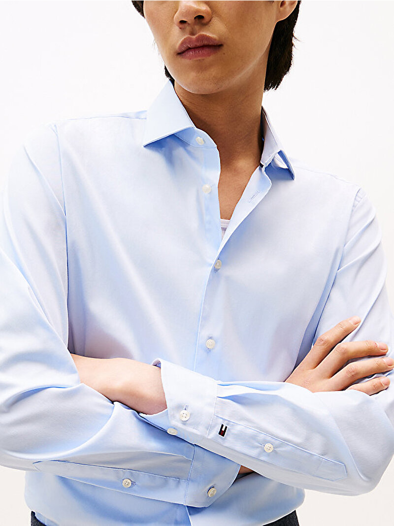 Erkek Flex Collar Solid Gömlek Mavi  MW0MW39755C3Q