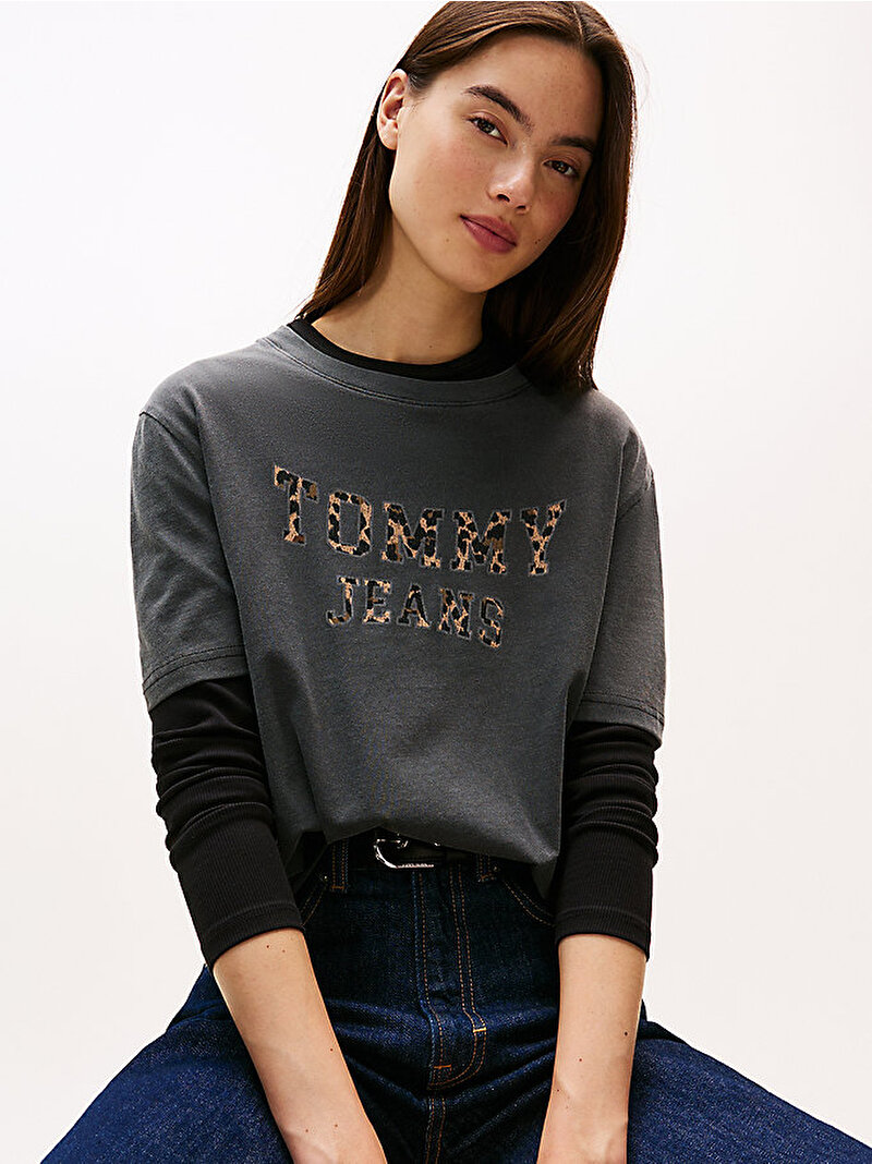 Kadın TJW Boxy Leopar Varsity T-shirt Siyah DW0DW21957BDS