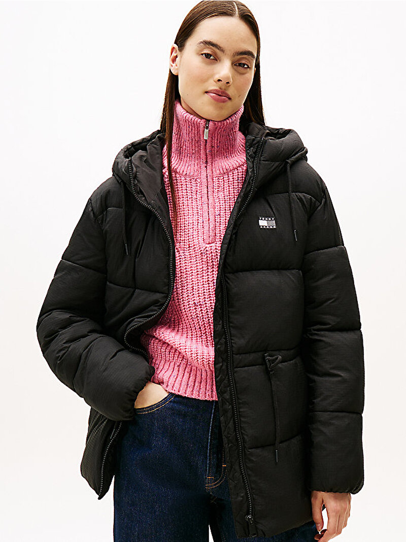 Kadın TJW Hooded Midi Puffer Mont Siyah DW0DW21626BDS