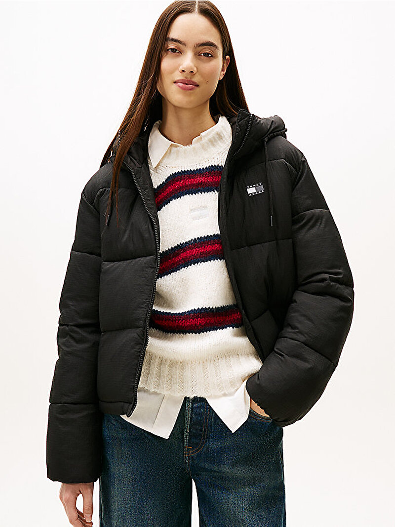 Kadın TJW Hooded Puffer Mont Siyah DW0DW21625BDS