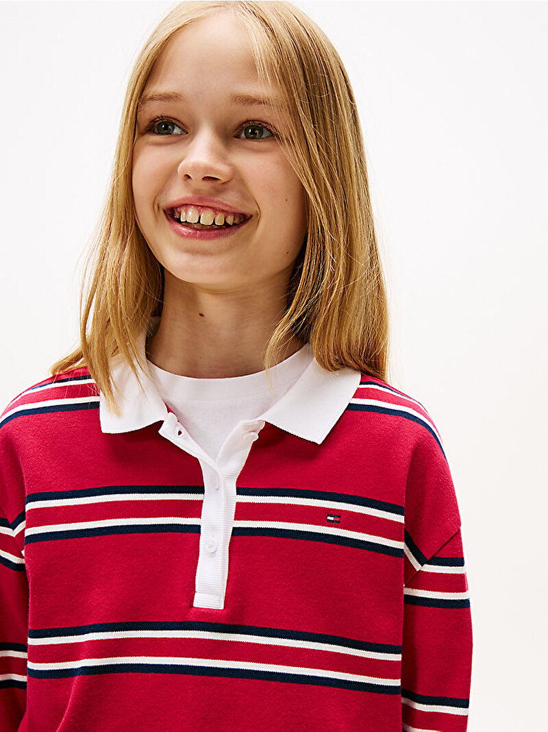 Kız Çocuk Stripe Uzun Kollu Polo T-shirt Kırmızı KG0KG08997XJP