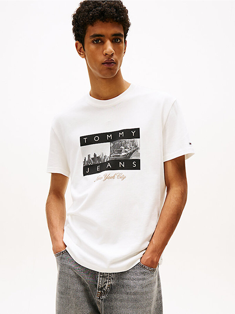 Erkek TJM Regular Photo Flag T-shirt Ekru DM0DM22464YBL