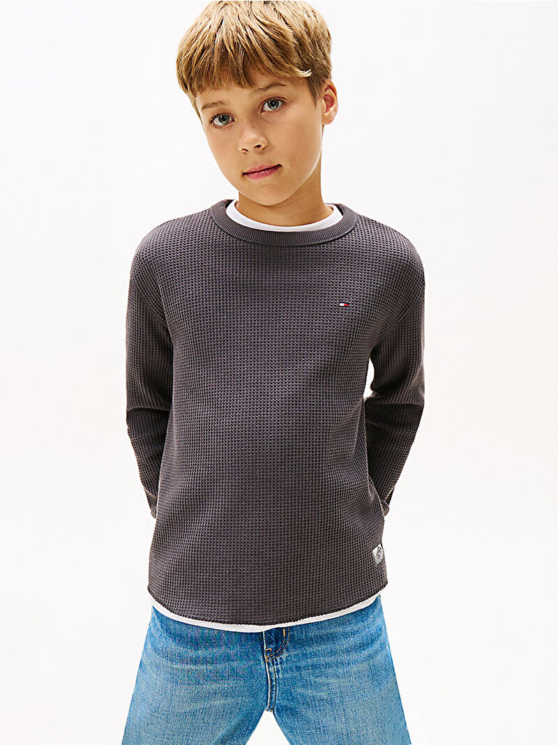 Erkek Çocuk Textured Waffle Uzun Kollu T-shirt Siyah KB0KB10179PT2