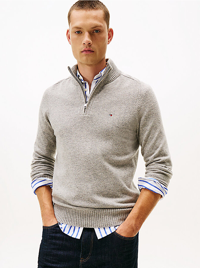 Erkek Lambswool Zip Mock Kazak Gri MW0MW36536P01