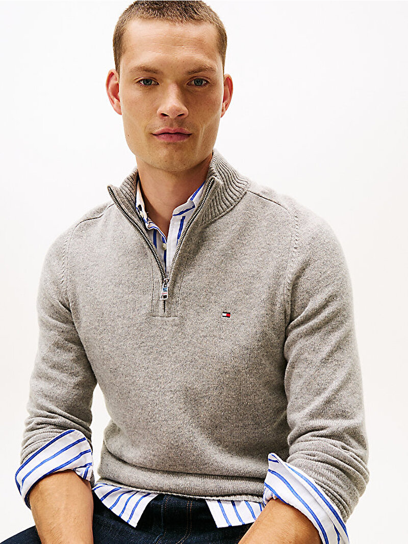 Erkek Lambswool Zip Mock Kazak Gri MW0MW36536P01