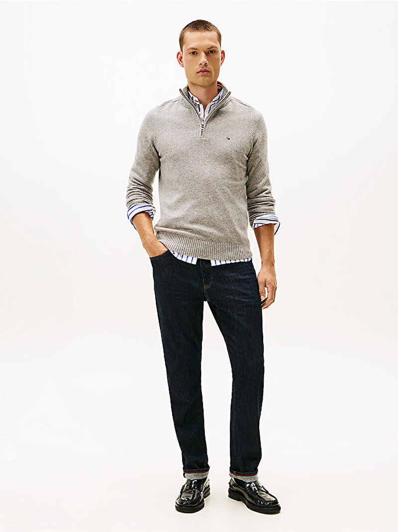 Erkek Lambswool Zip Mock Kazak Gri MW0MW36536P01