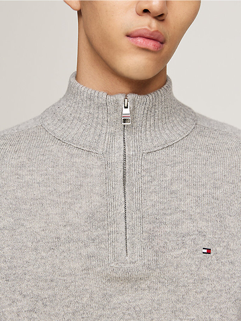 Erkek Lambswool Zip Mock Kazak Gri MW0MW36536P01