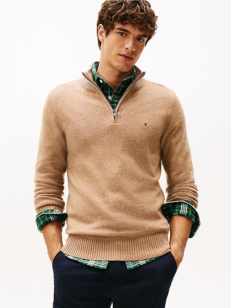 Erkek Lambswool Zip Mock Kazak Bej  MW0MW36536RE5