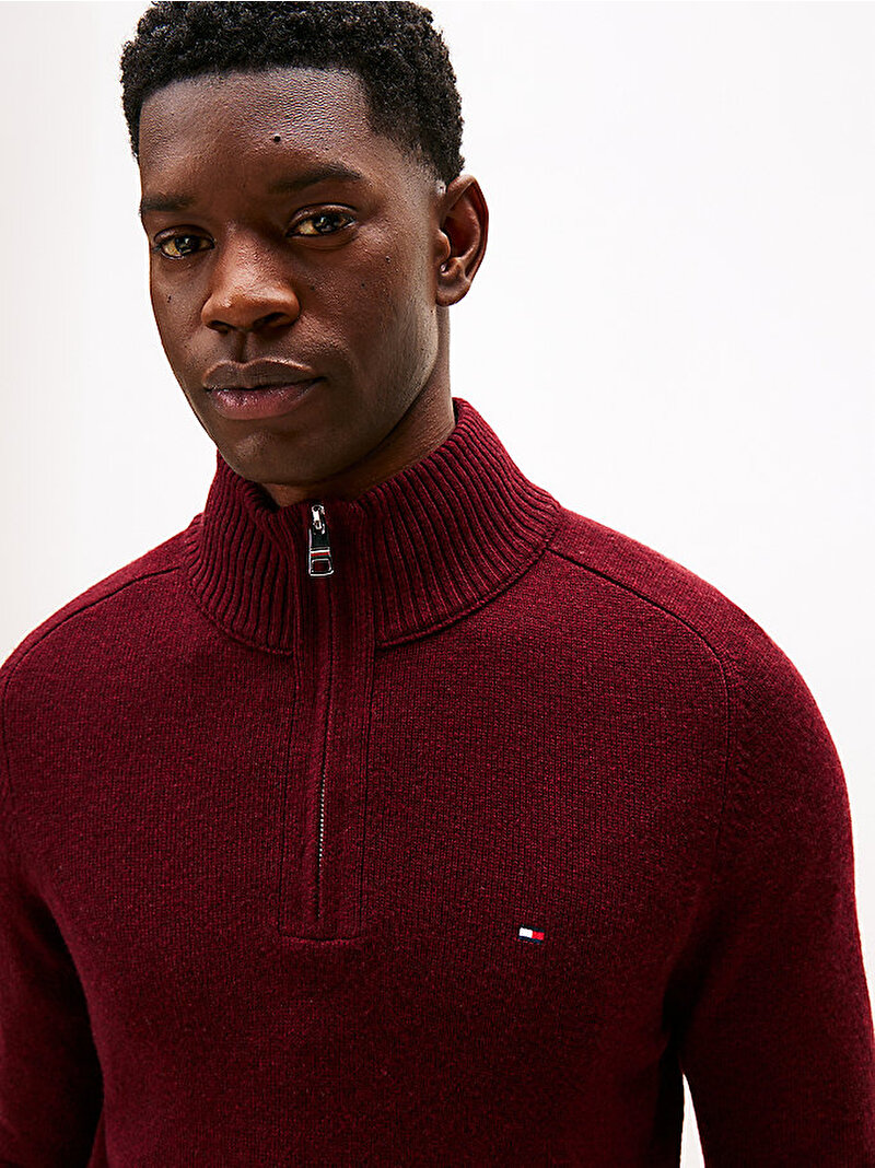 Erkek Lambswool Zip Mock Kazak Kırmızı MW0MW36536XT2