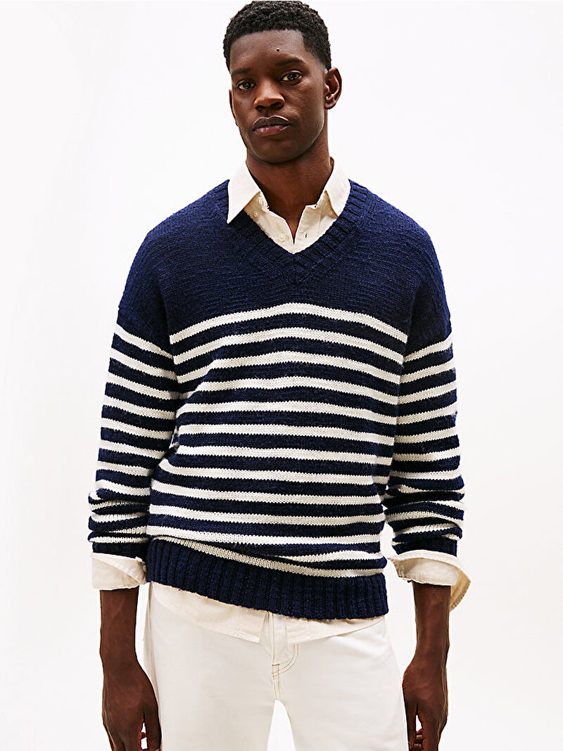 Erkek Flamed Wool V Neck Kazak Lacivert MW0MW404340A4