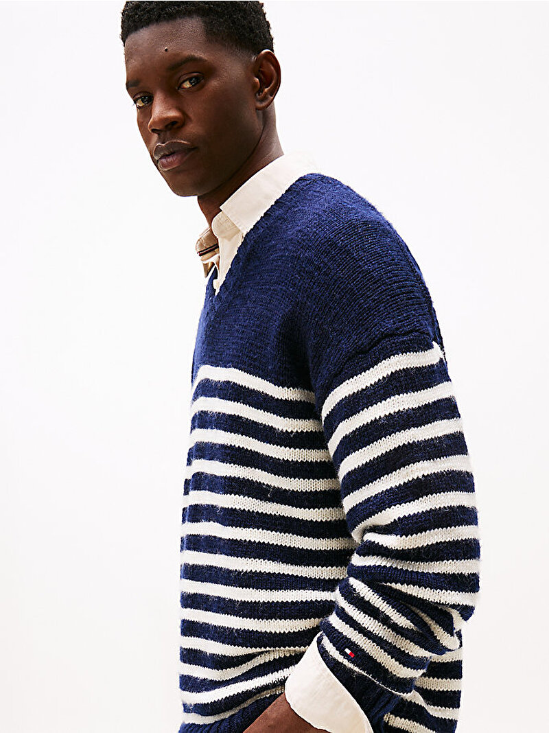 Erkek Flamed Wool V Neck Kazak Lacivert MW0MW404340A4