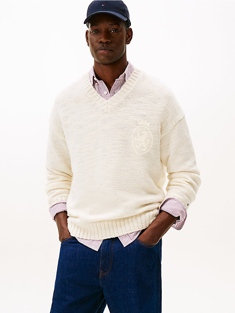 Erkek Flamed Wool V Neck Kazak Beyaz  MW0MW40434Z00