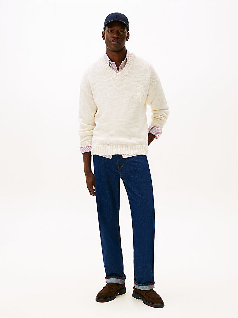 Erkek Flamed Wool V Neck Kazak Beyaz  MW0MW40434Z00