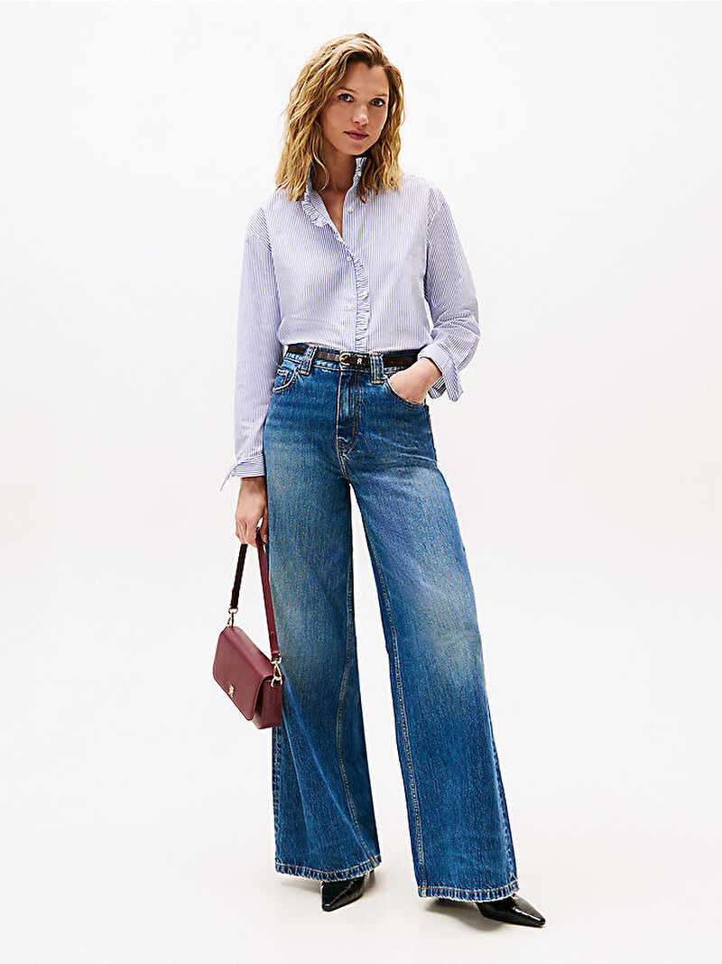 Kadın Poplin Ruffle Gömlek Mavi  WW0WW468480X7