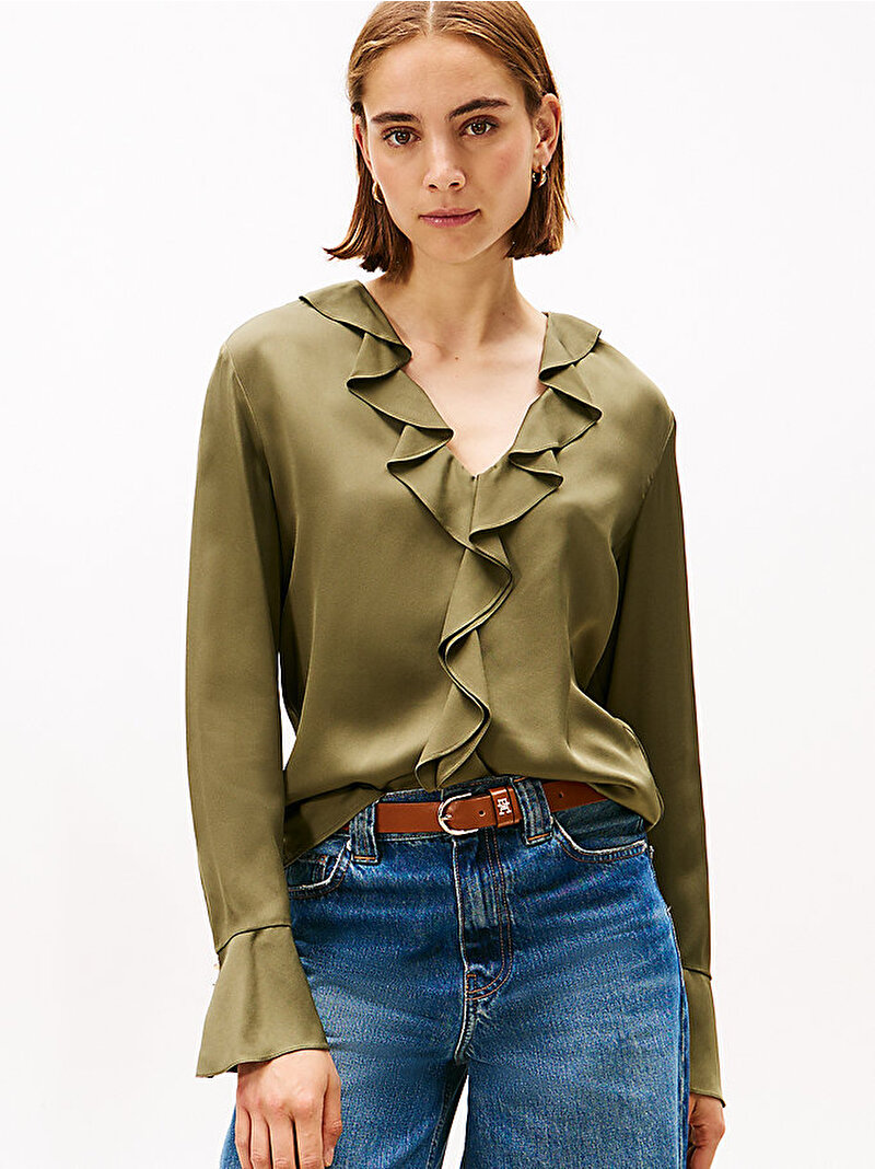 Kadın Saten Ruffle Bluz Yeşil WW0WW46598MSH