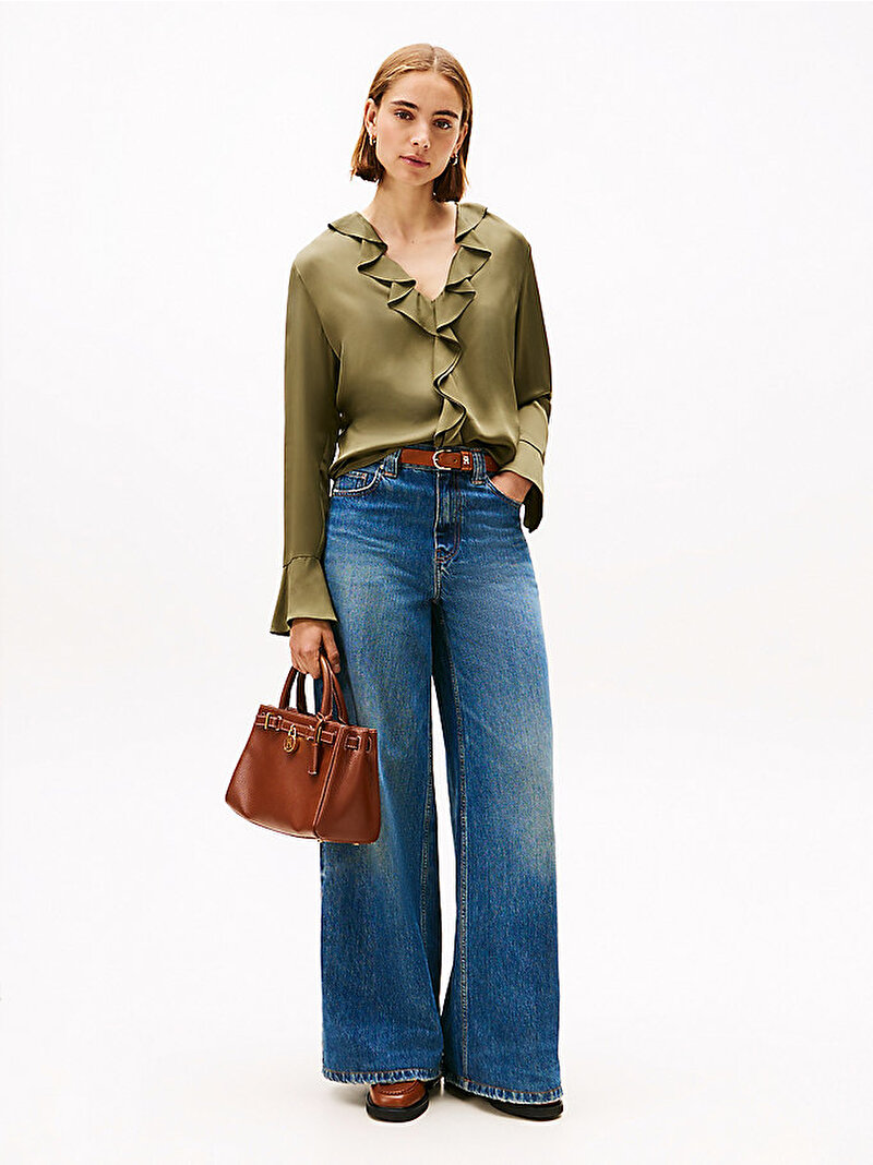 Kadın Saten Ruffle Bluz Yeşil WW0WW46598MSH