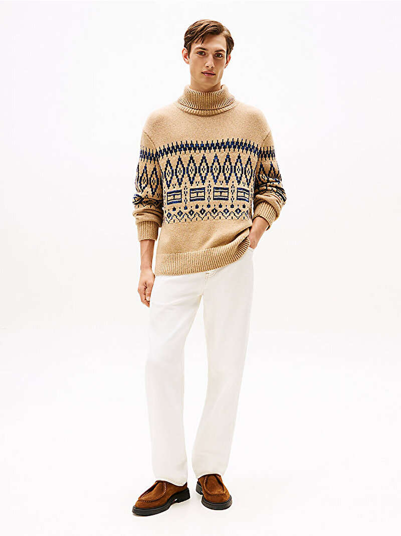 Erkek Pleaced Fairisle Wool Kazak Bej  MW0MW40843ADN