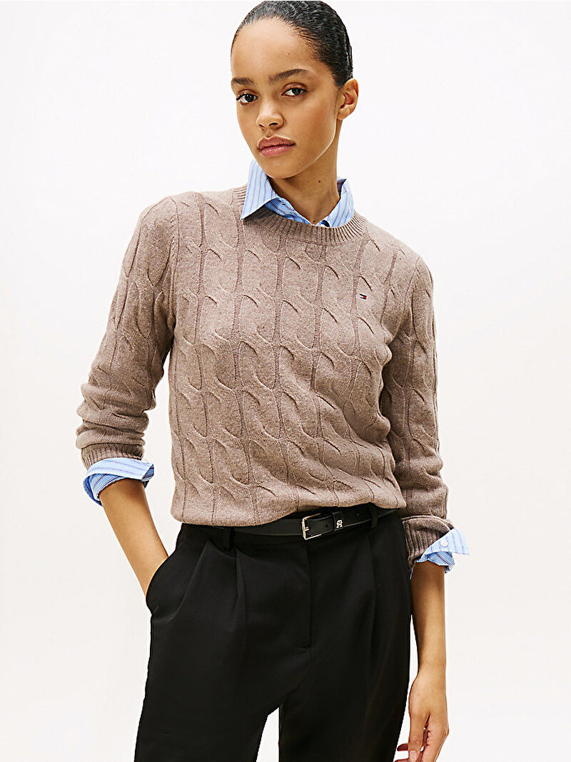 Kadın Soft Wool Cable C-neck Kazak Bej  WW0WW43586ADL