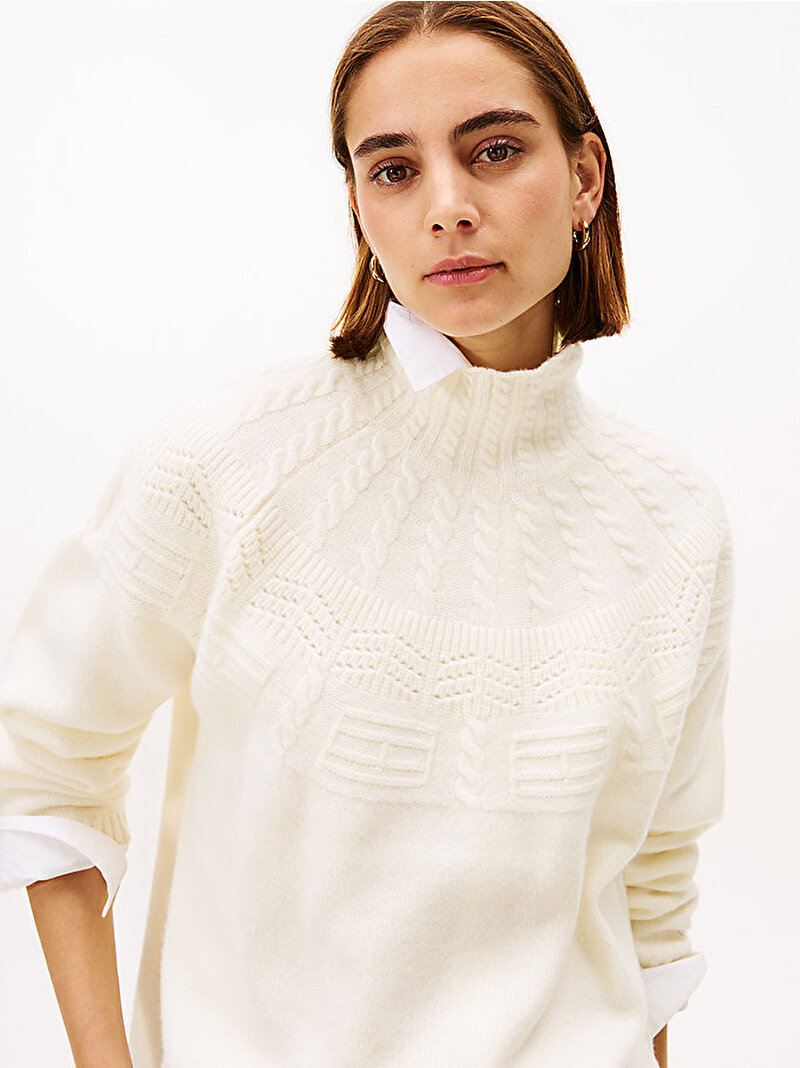 Kadın Tonal Fairisle Mock Neck Kazak Beyaz  WW0WW47645Z00