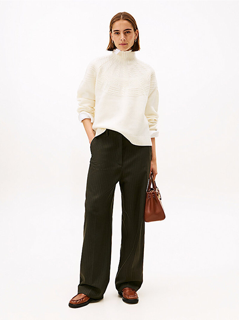 Kadın Tonal Fairisle Mock Neck Kazak Beyaz  WW0WW47645Z00