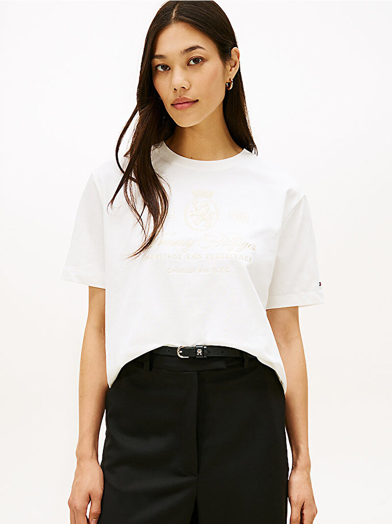 Kadın Varsity Crest Relax T-shirt Ekru WW0WW46118YBL