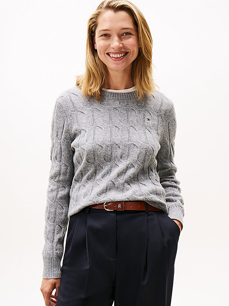 Kadın Soft Wool Cable C-neck Kazak Gri WW0WW43586P03