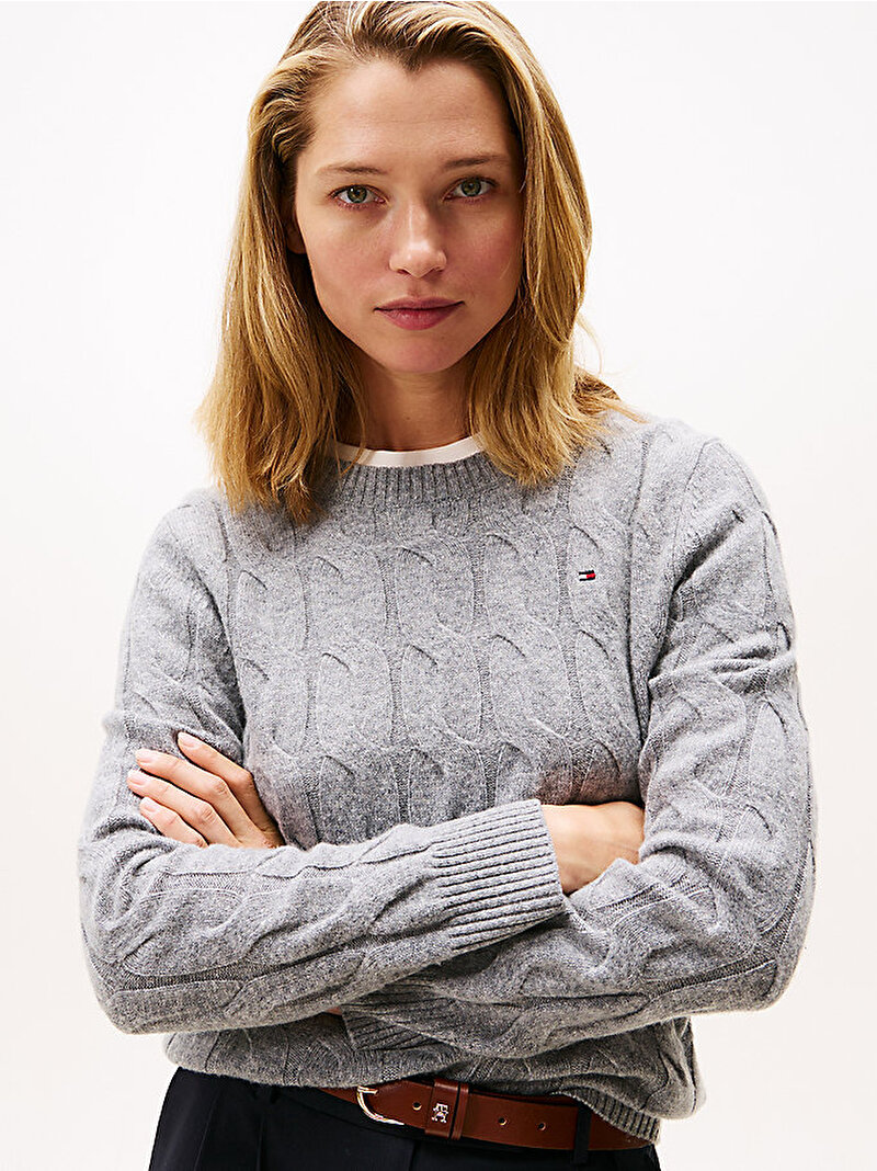 Kadın Soft Wool Cable C-neck Kazak Gri WW0WW43586P03