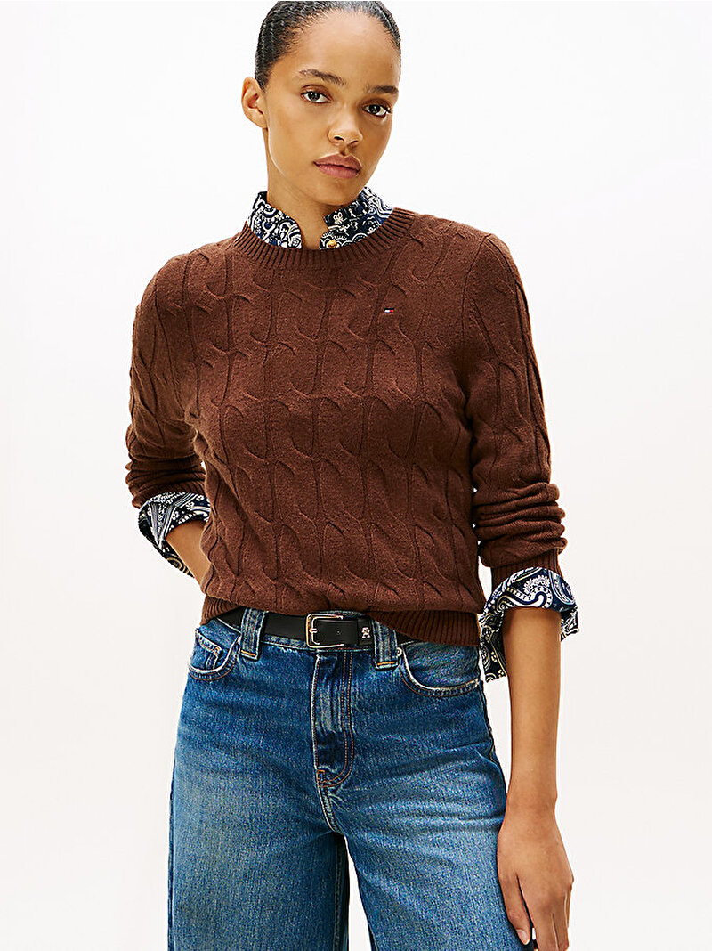 Kadın Soft Wool Cable C-neck Kazak Kahverengi WW0WW43586GV0