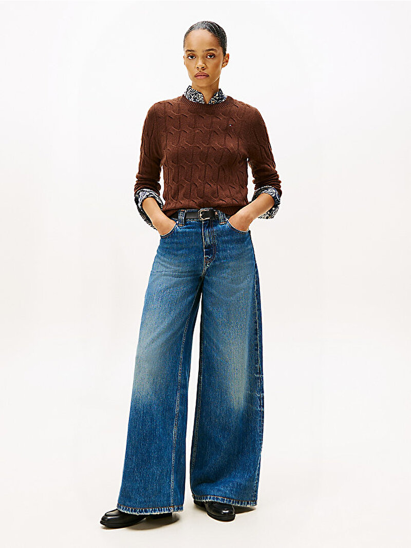 Kadın Soft Wool Cable C-neck Kazak Kahverengi WW0WW43586GV0