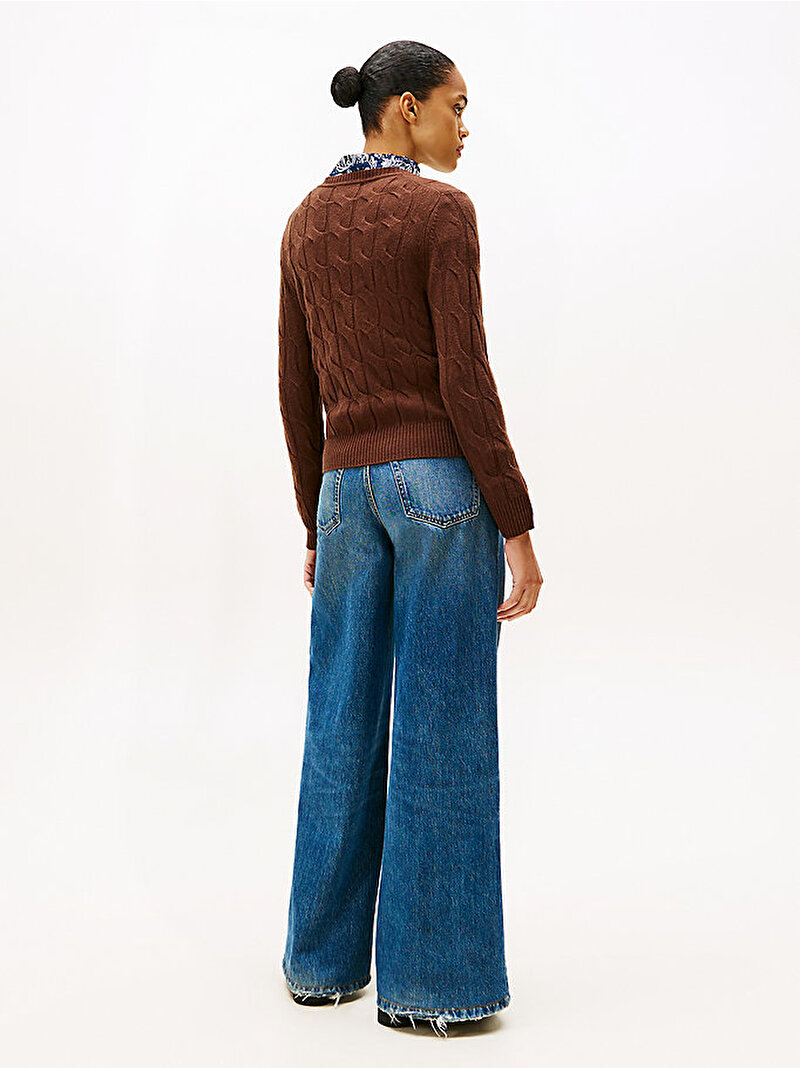 Kadın Soft Wool Cable C-neck Kazak Kahverengi WW0WW43586GV0