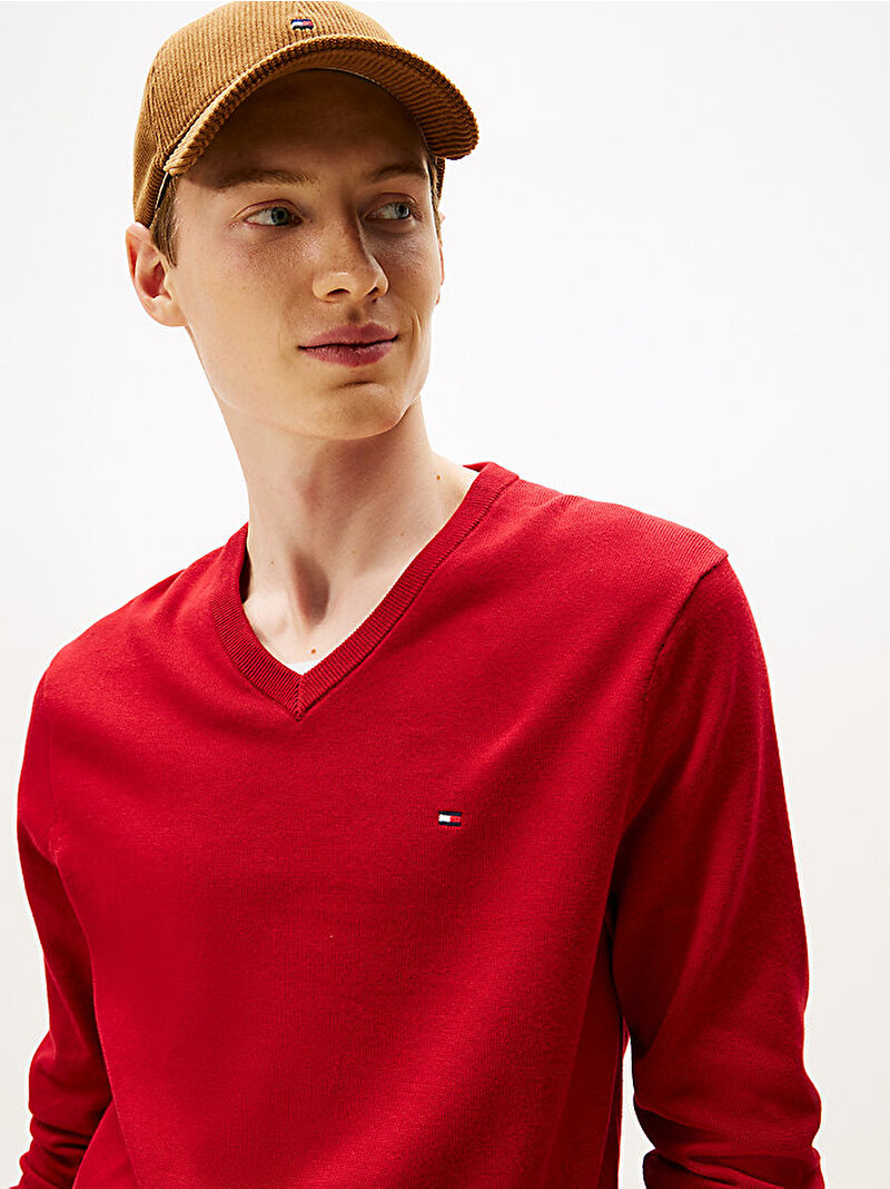 Erkek Essential Cotton V-neck Kazak Kırmızı MW0MW14745XLD