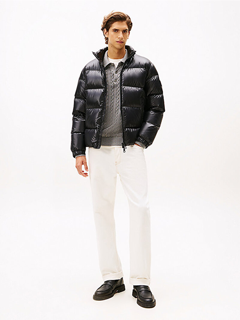 Erkek Shiny Down Stand Puffer Mont Siyah MW0MW40617BDS