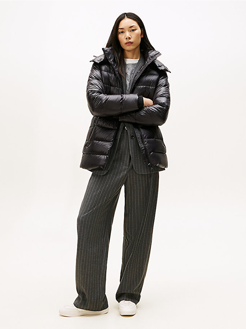 Kadın Gloss Down Waist Puffer Mont Siyah WW0WW47355BDS