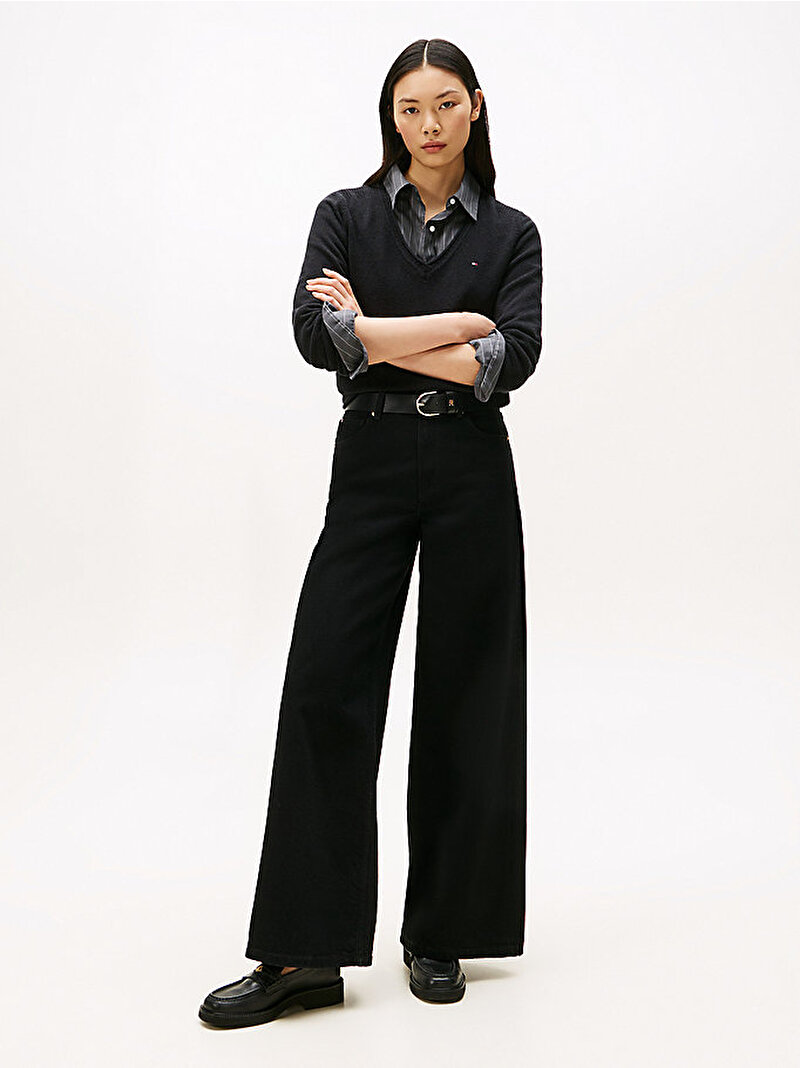 Kadın Soft Wool V-Neck Kazak Siyah WW0WW43505BDS