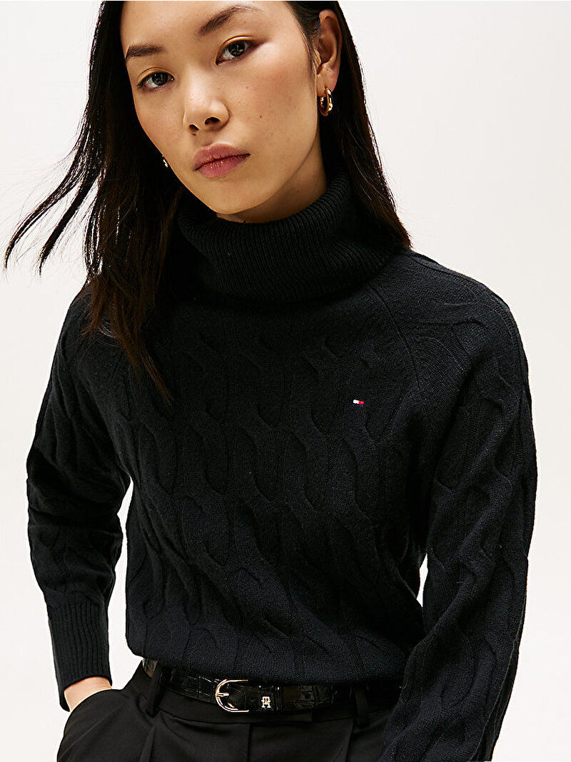 Kadın Soft Wool Cable Kazak Siyah WW0WW46791BDS