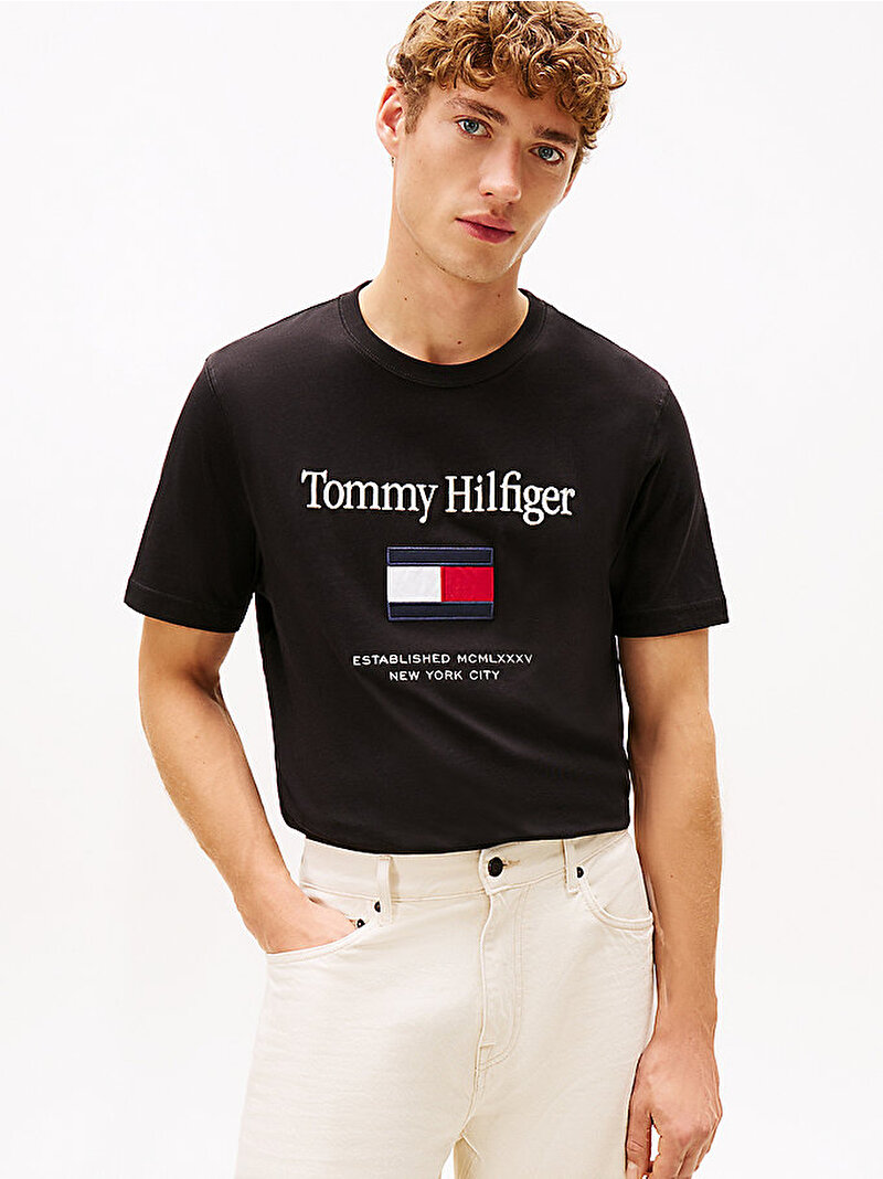 Erkek Tommy Embro Flag T-shirt Siyah MW0MW42736BDS