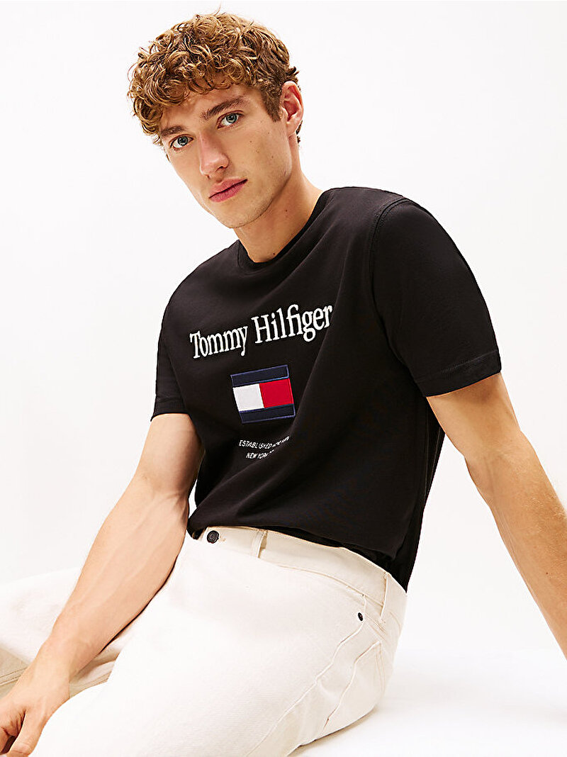 Erkek Tommy Embro Flag T-shirt Siyah MW0MW42736BDS