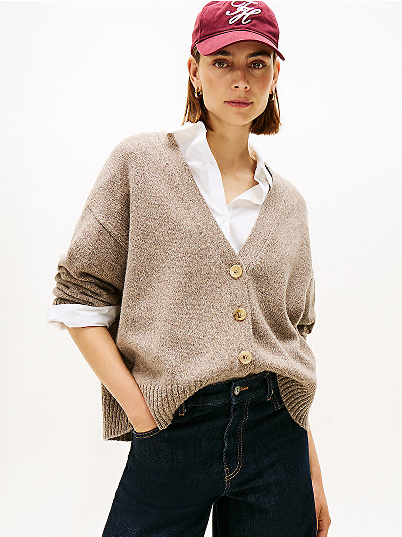 Kadın Marl Wool Blend V-neck Kazak Bej  WW0WW467600HK