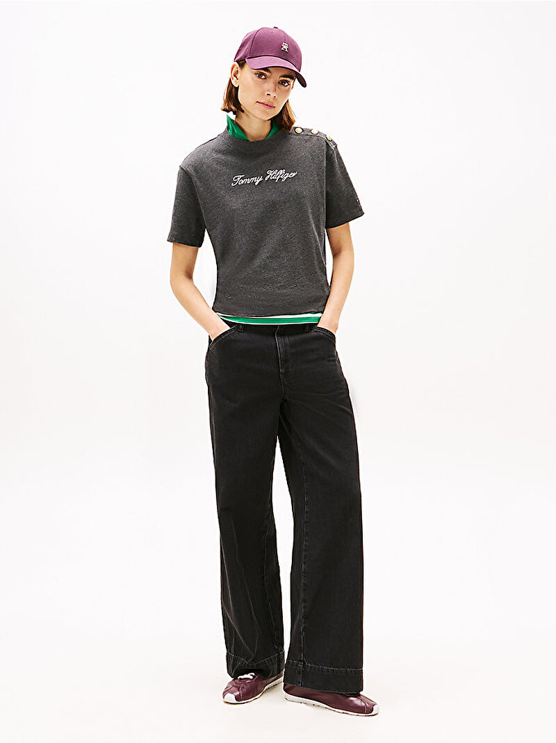 Kadın Gold Button Modern T-shirt Gri WW0WW47819P04