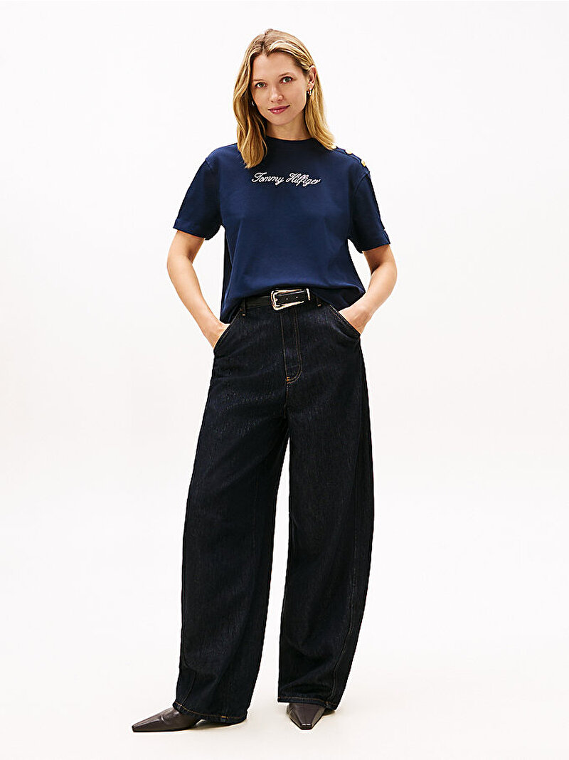 Kadın Gold Button Modern T-shirt Lacivert WW0WW47819C1G