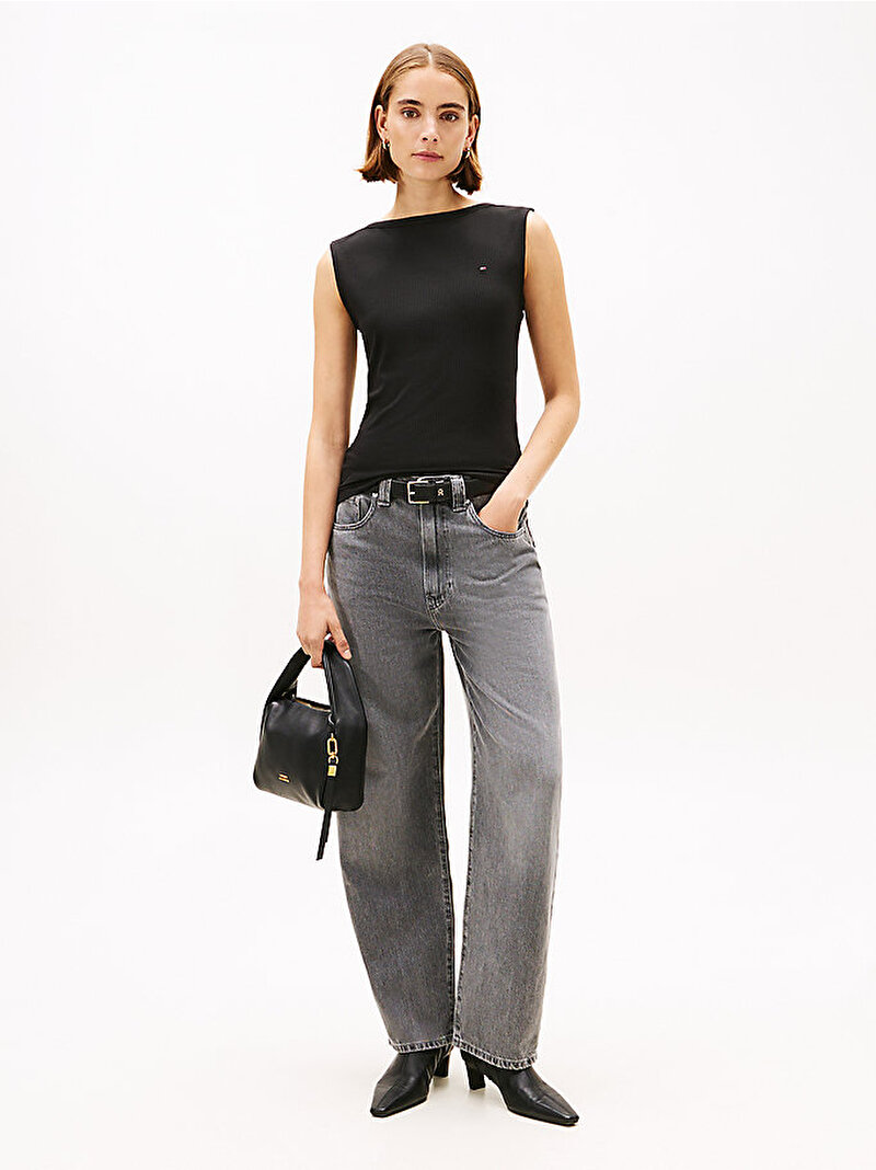 Kadın 5X2 Rib Slim Boat Neck T-shirt Siyah WW0WW47807BDS