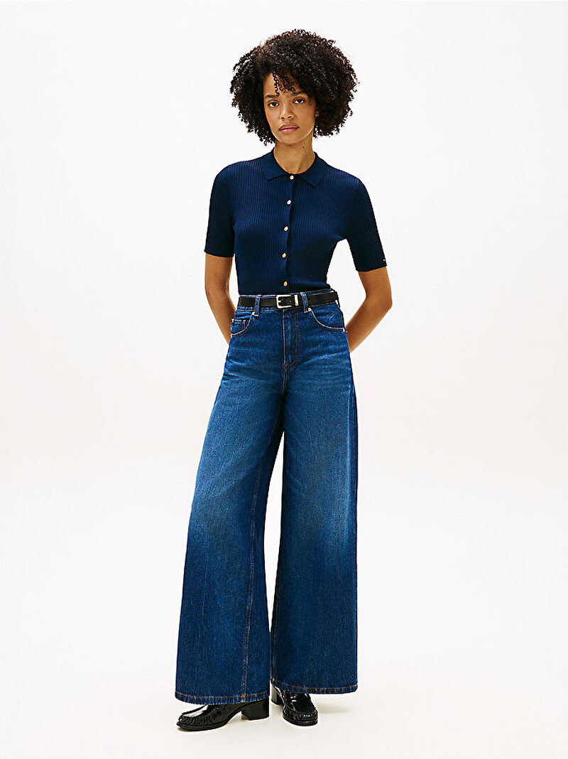 Kadın Rayon Rib Slim Polo Yaka Hırka Lacivert WW0WW48482C1G