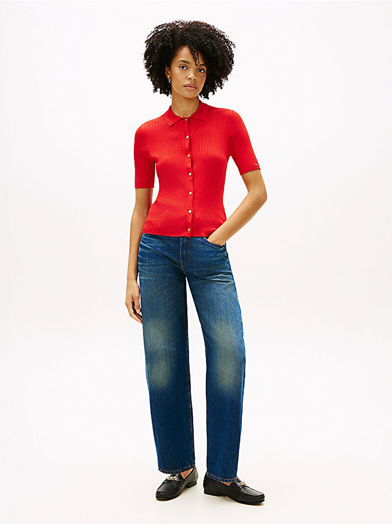 Kadın Rayon Rib Slim Polo Yaka Hırka Kırmızı WW0WW48482SNE