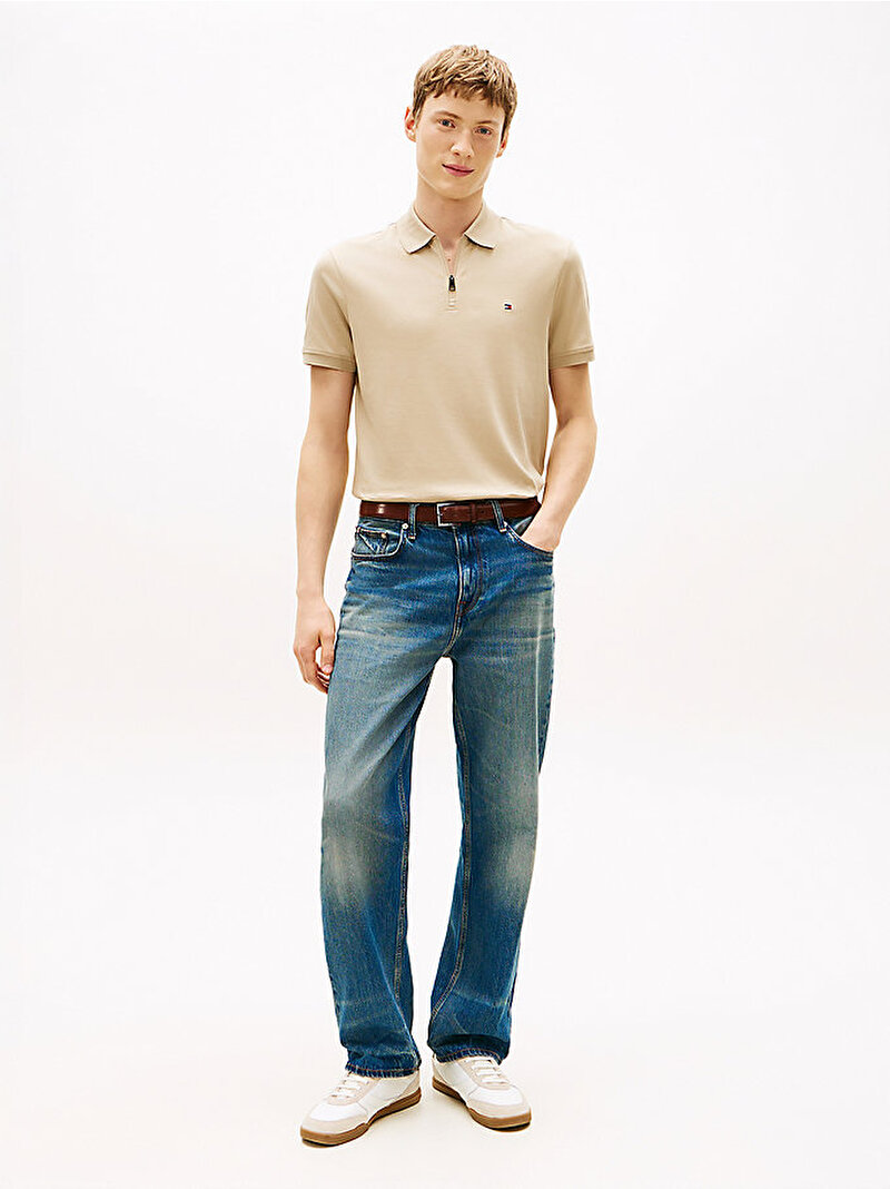 Erkek Interlock Zip Regular Polo T-shirt Bej MW0MW42758RBT