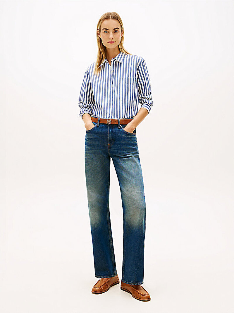 Kadın Essential Linen Easy Fit Gömlek Mavi WW0WW4561204T