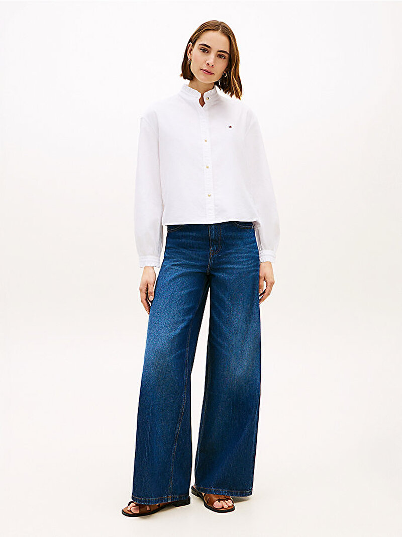 Kadın Oxford Crop Ruffle Bluz Beyaz WW0WW48914YCF