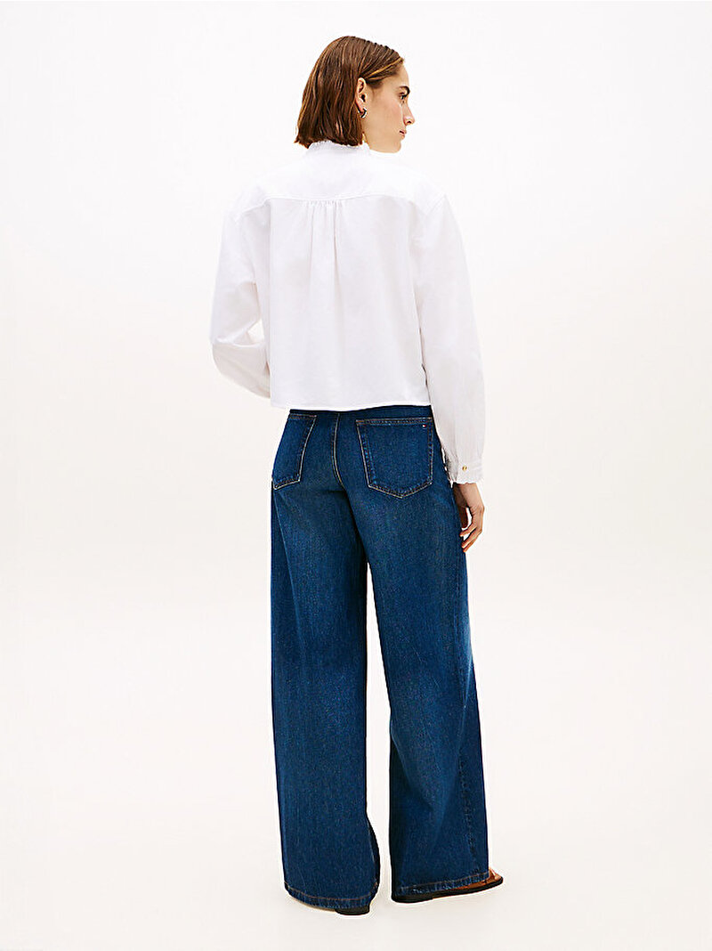 Kadın Oxford Crop Ruffle Bluz Beyaz WW0WW48914YCF